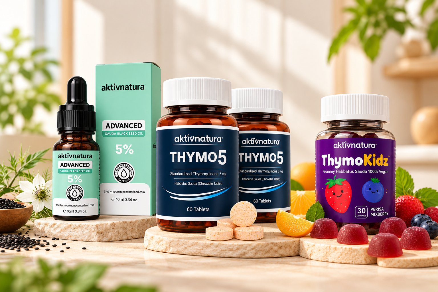 Rangkaian produk Aktivnatura: Advanced Sauda, Thymo5 dan ThymoKidz